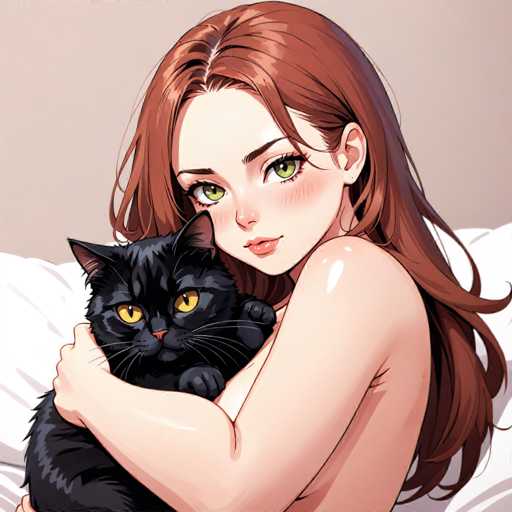 The image depicts a detailed, computer-generated illustration of a young woman with long, reddish-brown hair, sitting on a bed with white sheets. She is holding a black cat with striking yellow eyes. The woman's hair is parted in the middle, and she has green eyes, a small nose, and pink lips. Her right arm is wrapped around the cat, and she appears to be looking directly at the viewer. The background is a plain beige color, and the overall style of the image is reminiscent of a comic book or anime. The woman's body is mostly obscured, with only her shoulder visible, and she appears to be unclothed.
