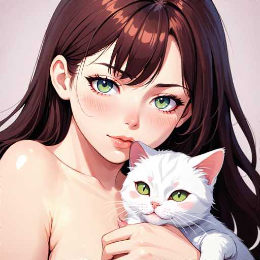 The image portrays a detailed, anime-style drawing of a young woman with long, dark brown hair that cascades down to her waist. She has striking green eyes, accentuated by black eyeliner and a touch of blush on her cheeks. Her lips are painted a soft pink, and she has a delicate, small nose. The woman is holding a white cat with green eyes close to her face, almost as if she is nuzzling it. Her hand gently cradles the cat, with her fingers visible around its body. The cat's ears are pink on the inside, and its whiskers are white. The background is a light pink, adding a soft, dreamy quality to the scene. The woman appears unclothed, though the image is cropped just below her chest, leaving that detail to the imagination.