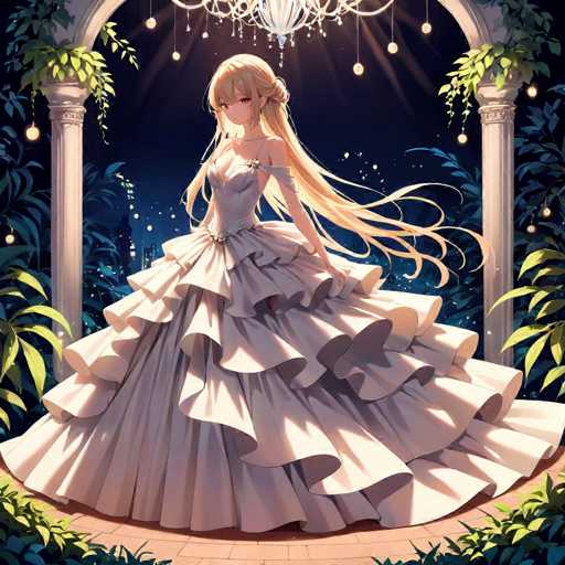 This detailed illustration depicts an anime-style woman with long, flowing blonde hair that cascades down her back and over her right shoulder. She is adorned in a stunning white dress featuring a sweetheart neckline and a single strap on her left shoulder, while her right shoulder remains bare. The dress is intricately designed with a corset-like bodice and a voluminous, multi-layered skirt that flares out dramatically, reminiscent of a wedding gown. The woman stands on a brick-paved area, framed by two white columns on either side, which are adorned with lush greenery. Above her, a chandelier hangs from the ceiling, casting a warm glow. The background reveals a dark night sky dotted with stars, adding a magical ambiance to the scene.