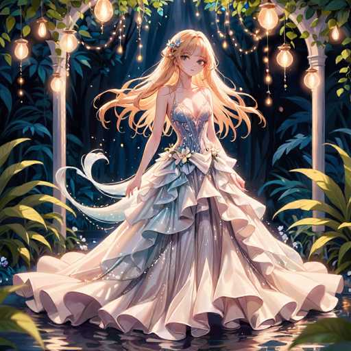 The image depicts a young anime girl with long, flowing blonde hair adorned with a blue flower on the left side. She is dressed in an elaborate, strapless gown that features a corset-like top and a voluminous skirt with multiple layers of ruffles, extending from her waist to the floor. The dress is primarily white with hints of blue and is embellished with flowers around the waist. The girl stands on a reflective surface, possibly water, in a lush, forest-like setting. Surrounding her are tall green plants and trees, creating a serene, natural backdrop. Behind her, there is a white archway or gazebo-like structure, decorated with hanging lanterns and lights, adding a touch of elegance to the scene. The overall atmosphere is one of enchantment and tranquility, with the girl appearing to be the focal point of this beautifully detailed, computer-generated artwork.