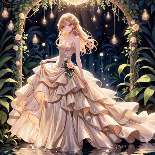 The image depicts a detailed, computer-generated anime-style illustration of a young woman with long, wavy blonde hair adorned with a flower. She is dressed in an elaborate, strapless gown that features a sweetheart neckline and a corseted bodice. The dress is voluminous, with multiple layers of ruffles and frills cascading down to the floor, and she holds the skirt out to the sides with both hands. A large, pink rose is attached to the back of her dress, adding to the elegance of her attire. The woman stands on a reflective surface, possibly water, which mirrors her dress and the surrounding elements. Behind her, a lush archway made of green vines and adorned with hanging lights creates a magical, forest-like backdrop. The scene is illuminated by a chandelier-like light above her, casting a warm glow over the entire setting. The background is filled with greenery, including trees and bushes, enhancing the enchanting atmosphere of the image.