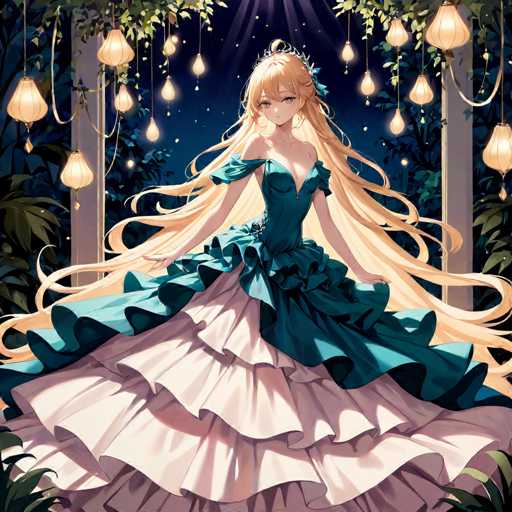 The image features a beautifully detailed anime-style illustration of a young woman with long, flowing blonde hair that cascades down to her waist. She is adorned in a stunning blue dress with a sweetheart neckline and off-the-shoulder sleeves. The bodice of the dress is form-fitting, accentuating her figure, while the skirt flares out dramatically, resembling a ball gown with multiple layers of ruffles. The outer layer of the skirt is a rich blue, while the inner layers are a soft pink, adding depth and elegance to her attire.

The young woman stands in a serene, enchanting forest setting. Behind her, two white pillars rise, framing the scene and adding a touch of grandeur. Hanging from the branches above her are delicate lanterns, casting a warm, soft glow that enhances the magical atmosphere. The background is filled with lush greenery, creating a sense of being immersed in nature. The night sky above is a deep blue, dotted with twinkling stars, completing the ethereal and dreamy ambiance of the illustration.