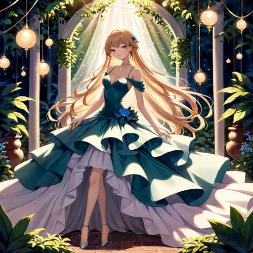 The image depicts a detailed, computer-generated anime-style illustration of a young woman with long, flowing blonde hair that cascades down to her waist. She is dressed in an elaborate, strapless gown that features a dark green bodice adorned with a blue rose at the waist. The skirt of the dress is voluminous, with layers of light green and white fabric, and it flares out dramatically, revealing her legs. She stands on a red brick floor, wearing silver high heels. The background showcases a lush, forest-like setting with green leaves and plants, illuminated by sunlight streaming through an archway. Hanging from the archway are several round, white lanterns, adding to the ethereal atmosphere of the scene.