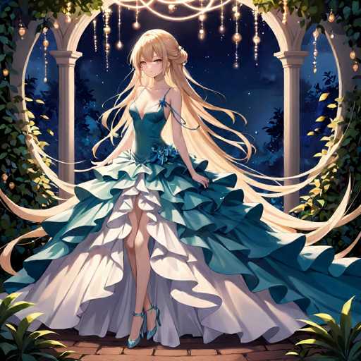 A young girl with blonde hair is standing on a brick path wearing a blue dress and high heels. The setting appears to be an outdoor garden or park at night, with trees and plants in the background.