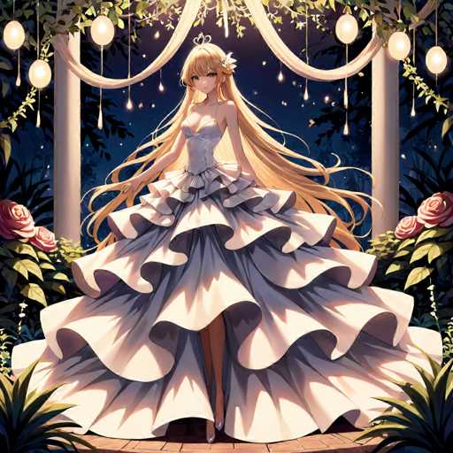 This detailed illustration features an anime-style girl with long, flowing blonde hair adorned with a small crown and a flower clip. She is dressed in an elaborate, strapless white gown that flares out dramatically at the bottom, reminiscent of a wedding dress. The dress is accentuated with ruffles and frills, particularly around the waist and the voluminous skirt. The girl stands on a brick-paved area, surrounded by lush greenery and vibrant red roses. Behind her, a white archway decorated with hanging lights and draped with fabric creates a romantic backdrop. The scene is set against a dark blue night sky, adding a touch of mystery and enchantment to the overall composition.
