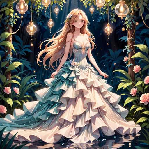 The image depicts a detailed, computer-generated illustration of a young woman with long, flowing blonde hair adorned with a white flower on the left side. She is wearing a strapless dress that transitions from a light blue at the top to a white, ruffled skirt with multiple layers. The dress features a floral design on the left side and a blue sash around her waist. The woman stands in a lush, forest-like setting, surrounded by green plants, bushes, and trees. Pink flowers are scattered around her, and lanterns hang from the trees above, casting a warm glow. The ground beneath her appears to be a reflective surface, possibly water, adding to the enchanting atmosphere of the scene.