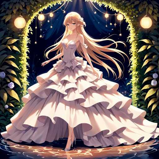 The image features a beautifully detailed, computer-generated anime-style illustration of a young woman with long, flowing blonde hair. She is dressed in an elegant, off-the-shoulder gown that flares out into a series of ruffles and layers, reminiscent of a ball gown. The dress is primarily white with subtle hints of pink and purple, and it complements her high-heeled shoes. The woman stands gracefully on a reflective surface, possibly water, which mirrors her image.

Behind her, a lush archway of green vines and leaves frames the scene, adorned with delicate lanterns and small white lights that add a magical touch. The background is a deep, dark blue, almost black, dotted with stars, enhancing the ethereal atmosphere. The overall composition is rich in detail, with the woman's hair and dress flowing elegantly, creating a captivating and enchanting visual experience.