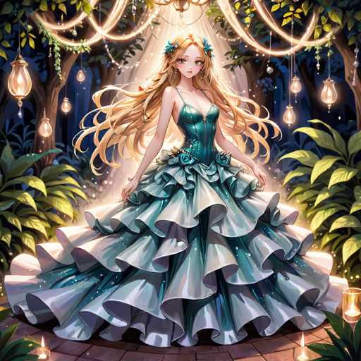 A beautiful girl with long blonde hair is standing on a brick path surrounded by lush green trees and plants. She is wearing a blue and white dress that has ruffles down the back and a flower in her hair. The background features hanging lights that cast a warm glow over the scene, creating an enchanting atmosphere.