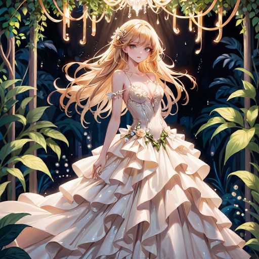 The image depicts a detailed, computer-generated anime-style drawing of a young woman with long, flowing blonde hair that cascades down to her waist. She is adorned in a cream-colored wedding dress that features a corset-like top with thin straps and a voluminous, ruffled skirt. The dress is embellished with a floral belt around her waist, showcasing a prominent pink rose at its center. The woman has large, expressive green eyes and wears a delicate flower clip in her hair. She stands in a lush, tropical forest setting, surrounded by tall palm trees and various green foliage. Above her head, a chandelier with glowing lights adds a touch of elegance to the scene. The background is dark, enhancing the contrast and making the vibrant colors of her dress and the surrounding greenery stand out.