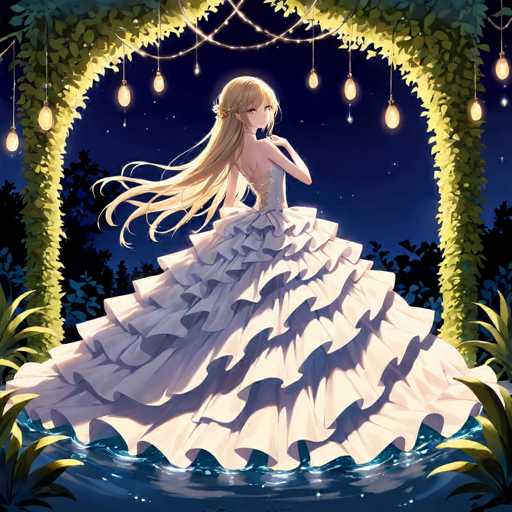 In this captivating image, a young woman stands gracefully in a serene, starlit forest. She is adorned in a stunning white dress with a voluminous, ruffled skirt that cascades elegantly around her feet. The dress features a delicate, thin strap that wraps around her neck, adding a touch of sophistication to her ensemble. Her long, flowing blonde hair, which appears to be gently swaying in the breeze, complements the ethereal atmosphere. She stands with her back to the viewer, yet her head is turned over her right shoulder, revealing her expressive brown eyes and a serene smile. The backdrop is a mesmerizing night sky, dotted with twinkling stars, and framed by the silhouettes of tall trees. An enchanting archway of green leaves and vines, adorned with delicate lanterns, stands behind her, adding a magical touch to the scene. The ground beneath her is a shimmering blue, reminiscent of a tranquil pond, enhancing the dreamlike quality of the image.