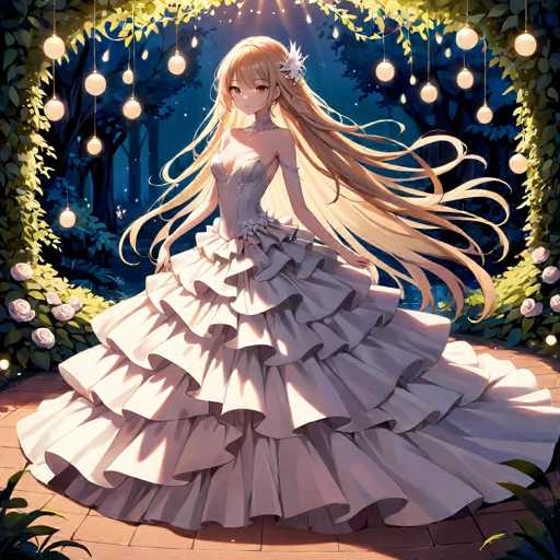In this captivating image, an anime character stands gracefully on a stone-paved surface, surrounded by lush greenery. She is adorned in a stunning white dress that features a sweetheart neckline and a corseted bodice, accentuated by a ruffled skirt that cascades in multiple layers. Her long, flowing blonde hair is elegantly styled with a side ponytail, adorned with a delicate white flower. The character's large, expressive eyes and small mouth add to her enchanting appearance. She is positioned in front of a beautifully arched structure, which is decorated with hanging lights and draped with green vines. The scene is further enriched by the presence of white roses on either side of the arch, adding a touch of romance and elegance to the setting.