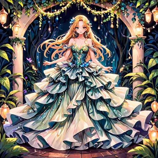 A beautiful girl with long blonde hair is standing on a platform adorned with flowers and lights. She is wearing a green dress that flows down to her feet, and she holds a bouquet of flowers in her hands. The background features trees and lanterns hanging from the ceiling, creating an enchanting atmosphere.