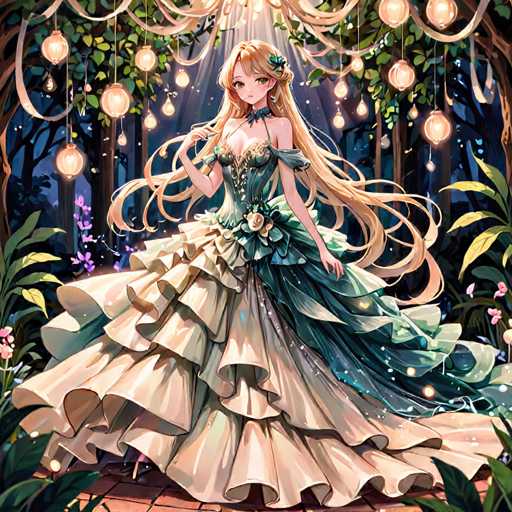 In this captivating image, an anime character is depicted in a lush, forest-like setting. The character, a young girl with long blonde hair adorned with a blue flower on the left side, stands gracefully. She is dressed in a stunning green dress that features a sweetheart neckline and delicate spaghetti straps. The dress is accentuated with a large, elegant bow at the waist, which is further embellished with a white rose. The skirt of the dress is voluminous and ruffled, extending into a train that trails behind her. The scene is illuminated by numerous lanterns hanging from the trees, casting a warm, enchanting glow over the entire setting.