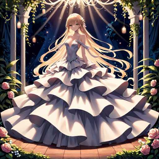 The image depicts a detailed, computer-generated anime-style illustration of a young woman with long, flowing blonde hair that cascades down to her waist. She is adorned in a strapless, white dress that features a sweetheart neckline and a corset-like bodice. The dress is voluminous, with multiple layers of ruffles and frills that create a bell shape, extending from her waist to the floor. The woman stands on a red brick surface, surrounded by lush greenery and pink roses. Behind her, there is a white stone gazebo with four columns, each adorned with hanging lanterns and draped with green vines. The background is a dark blue night sky, speckled with stars, adding a magical ambiance to the scene.
