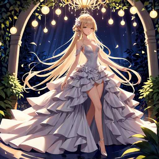 The image depicts a detailed anime-style drawing of a young woman with long, flowing blonde hair that cascades down to her waist, almost reaching her knees. She is adorned in a light purple dress that features a deep V-neckline and thin straps over her shoulders. The dress is intricately designed with multiple layers of ruffles, creating a voluminous skirt that extends to the floor, revealing her legs. She stands gracefully on a dark blue surface, with one leg slightly forward and the other back, accentuating her poised stance. Her right arm is extended outward while her left arm rests by her side. She wears elegant silver high heels and a delicate silver flower adorns her hair. The background is a dark blue, almost night sky, with a large, ornate archway behind her. This archway is adorned with green vines and illuminated by numerous hanging lights, adding a magical ambiance to the scene.