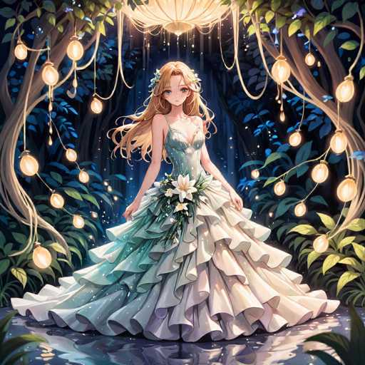 In this captivating anime-style illustration, a young woman stands gracefully in a enchanting forest setting. She is adorned in a stunning dress that transitions from a light blue at the top to a pristine white at the bottom, featuring a ruffled design that adds a touch of elegance. The dress is sleeveless with delicate straps, and a large white flower embellished with green leaves graces the front. Her long, flowing blonde hair cascades down her back, complementing the floral arrangement in her hair. Her large, expressive eyes and small mouth give her a serene expression as she gazes directly at the viewer.

The forest around her is a magical tapestry of dark and light green leaves, with tree trunks that twist and turn, creating a whimsical canopy above. Delicate lanterns hang from the branches, casting a warm, golden glow that enhances the ethereal atmosphere. The ground beneath her is a shimmering blue, reflecting the light and adding to the dreamlike quality of the scene. The overall composition is a harmonious blend of natural beauty and fantasy, drawing the viewer into this enchanting world.