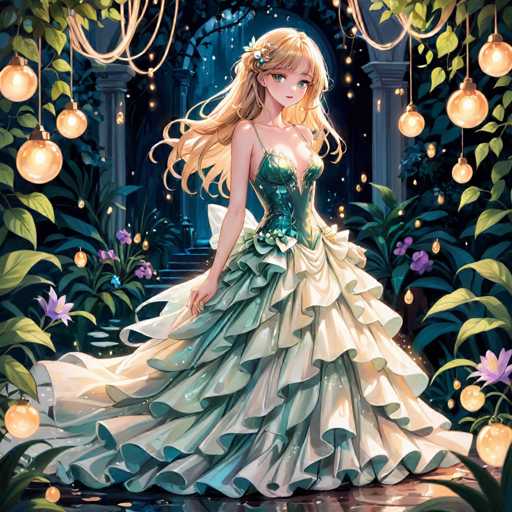 The image depicts a detailed, computer-generated anime-style illustration of a young woman with long, flowing blonde hair adorned with a flower. She is wearing a stunning, strapless dress that features a green bodice and a voluminous, ruffled skirt in shades of white and green. The dress has a low-cut neckline and a corset-like top, adding to its elegance. The woman stands in a lush, magical garden filled with vibrant green leaves and purple flowers. Hanging from the trees above her are numerous lanterns, casting a warm, yellow light that enhances the enchanting atmosphere. Behind her, a stone archway with steps leads to a dark, mysterious forest, adding depth and intrigue to the scene. The overall composition exudes a sense of fantasy and wonder, reminiscent of a fairy tale or a whimsical video game setting.