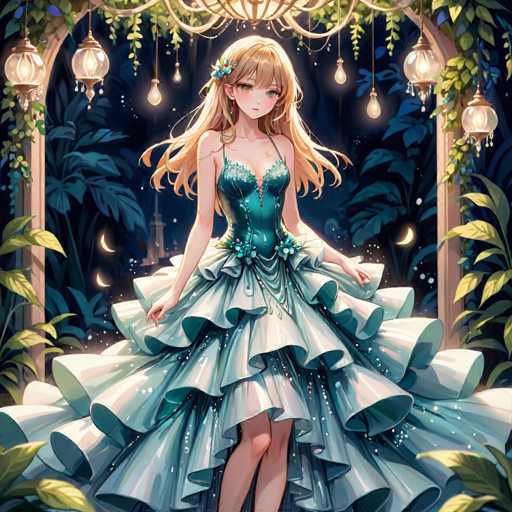 The image depicts a young anime girl with long, flowing blonde hair adorned with a blue flower on the left side of her head. She is dressed in a stunning, sleeveless gown that features a dark blue bodice and a light blue skirt. The dress is intricately designed with ruffles and layers, and it has a corset-like top. The skirt is voluminous, with ruffles cascading down to her knees, and it appears to be made of a shiny material, possibly sequined. The girl is standing in front of a wooden archway, which is decorated with green leaves and illuminated by hanging lanterns. The background reveals a dark, nighttime forest with a cityscape visible in the distance, complete with buildings and a skyline. The scene is further enhanced by the presence of two crescent moons on either side of the girl, adding a mystical touch to the enchanting forest setting.