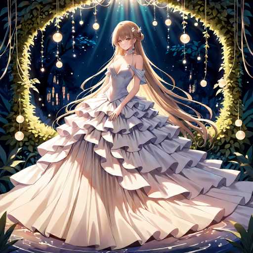 The image features an anime-style illustration of a young woman with long, flowing blonde hair that cascades down to her waist. She is adorned in a stunning, strapless gown that is a blend of white and light blue hues. The dress is characterized by its intricate design, featuring a sweetheart neckline and a ruffled bodice that transitions into a voluminous skirt with multiple layers of ruffles. The skirt flares out dramatically, creating a bell-like silhouette that extends to the ground, with the fabric appearing to pool around her feet.

The woman is positioned in the center of the image, gazing directly at the viewer with a serene expression. Her hair is elegantly styled, with bangs framing her face and the rest of her tresses flowing freely. A delicate white flower is tucked into her hair, adding a touch of natural beauty to her appearance.

The background is a dark, nighttime scene that enhances the ethereal quality of the illustration. Behind her, a circular archway adorned with lush green vines creates a natural frame. Hanging from the archway are numerous round, white lanterns that emit a soft, warm glow, contributing to the magical atmosphere. Further in the distance, a grand castle with illuminated windows stands against the night sky, adding a sense of grandeur and mystery to the setting. The overall composition evokes a dreamlike, fairy-tale ambiance, making the viewer feel as though they have stepped into a magical world.