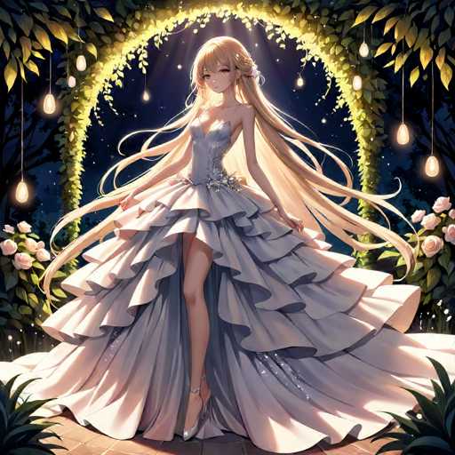 The image depicts a detailed, computer-generated anime-style illustration of a young woman with long, flowing blonde hair that cascades down to her waist. She is adorned in a strapless, white dress with a sweetheart neckline and a ruffled, layered skirt that flares out dramatically, revealing her right leg. The dress features a high slit on the left side and is embellished with a silver belt around her waist. She stands gracefully on a stone floor, wearing silver high heels and a silver anklet on her right leg. Her hair is styled with bangs that partially cover her forehead, and she has large, expressive eyes and a small nose. The background is a dark blue night sky dotted with stars, and she is framed by a large archway made of green vines. Hanging from the archway are numerous white lanterns, adding a magical touch to the scene. The overall composition exudes a sense of elegance and enchantment, with the woman appearing serene and poised in her ethereal setting.