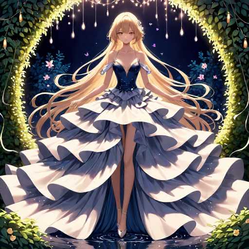 The image depicts a striking anime-style female character with long, flowing blonde hair that cascades down to her waist. She is adorned in a dark blue dress featuring a sweetheart neckline and thin straps. The dress is accentuated by a ruffled, frilly skirt that flares out dramatically, revealing her legs. Her footwear consists of elegant white high heels. The character's expression is one of concern, with her eyes wide open and her mouth slightly agape. She stands on a reflective surface, possibly water, which mirrors her image. Surrounding her is a circular frame of lush green leaves, interspersed with delicate flowers and hanging lights, creating a magical, ethereal atmosphere. The background is a deep, dark blue, enhancing the contrast and making the character and her surroundings stand out vividly.