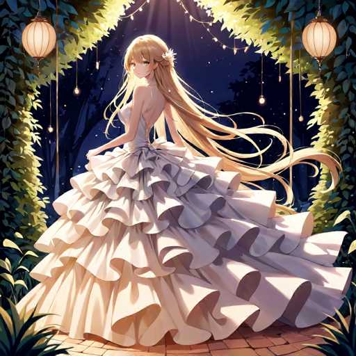 The image depicts a detailed anime-style drawing of a young woman with long, flowing blonde hair adorned with a white flower on the left side. She is wearing a strapless, white wedding dress with a ruffled, multi-layered skirt that fans out dramatically. The dress features a small bow at the waist, and the top part is form-fitting, accentuating her figure. The woman is standing on a red brick pathway, facing away from the viewer but turning her head to look over her right shoulder. Her hair cascades down her back, with some strands flowing to the right and others to the left. Surrounding her is a lush archway of green leaves, interspersed with white lanterns and hanging lights, creating a magical, garden-like setting. The background is a dark blue night sky dotted with white stars, adding to the enchanting atmosphere of the scene.