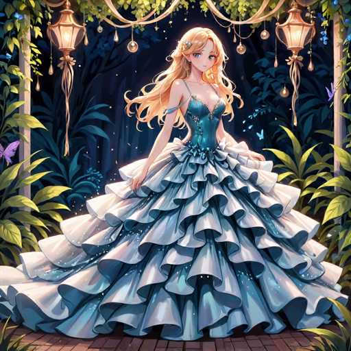 A young girl with blonde hair is standing on a brick path in front of a garden filled with trees and flowers. She is wearing a blue dress that has white ruffles and a gold belt cinched at the waist. The background features hanging lanterns and plants, creating an enchanting atmosphere.