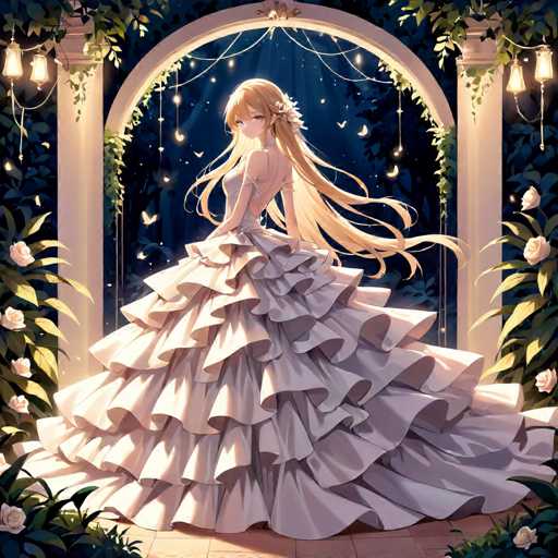 In this captivating image, an anime character is depicted in a stunning, large wedding dress. The dress is voluminous and features a ruffled design that cascades elegantly from the waist down. The character is positioned with her back to the viewer, yet her head is turned to the left, allowing a glimpse of her serene face. Her long, flowing blonde hair, adorned with a delicate flower on the right side, adds to the ethereal beauty of the scene. The dress is a pristine white, symbolizing purity and new beginnings.

The character stands beneath a grand archway, which is flanked by two majestic white columns on either side. The archway is intricately decorated with lush green vines that climb gracefully up its structure. Hanging from the top of the archway are two sets of lanterns, one on each side, casting a warm, inviting glow. The background is a deep, dark blue, creating a striking contrast that highlights the character and the architectural elements. The ground beneath her is a light brown, resembling a stone or brick surface, adding a touch of earthiness to the otherwise ethereal setting.