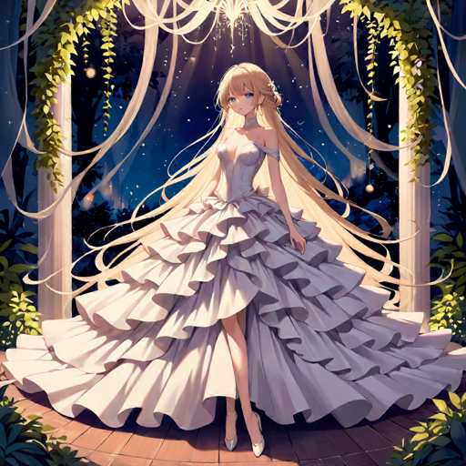 A young girl with long blonde hair is standing on a wooden platform under a large white archway adorned with green vines and flowers. She is wearing a white dress that falls down to her knees, and she has high heels on. The background features a dark blue sky filled with stars, creating an ethereal atmosphere around the girl.
