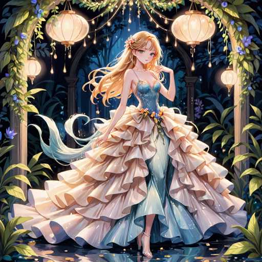 The image depicts a beautifully animated scene featuring an anime-style girl with long, flowing blonde hair adorned with a flower on the left side. She is dressed in an elegant blue gown with a sweetheart neckline and thin straps. The dress is accentuated by a large, ruffled skirt in a soft pink hue that cascades around her feet. The girl stands gracefully on a reflective surface, possibly water, which mirrors her image and the surrounding elements. She is wearing high-heeled shoes, adding to her poised appearance.

Above her, a series of lanterns hang from a wooden archway, casting a warm glow over the scene. The archway is decorated with lush green leaves and vibrant purple flowers, adding to the enchanting atmosphere. In the background, a dark blue sky looms, with silhouettes of trees and additional flowers, creating a serene and mystical ambiance. The overall composition is rich in detail, blending colors and elements to create a captivating and dreamlike visual experience.