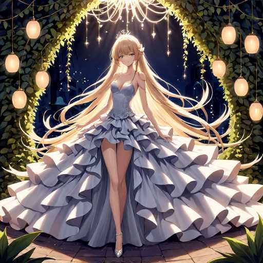 This detailed illustration features an anime-style girl with long, flowing blonde hair that cascades down to her waist, styled into two ponytails. She is adorned in a striking blue dress that combines a corset top with a voluminous, ruffled skirt that flares out dramatically, revealing her legs. The dress is complemented by silver high heels and a tiara, enhancing her regal appearance. She stands on a stone walkway, framed by lush greenery and vines that create a natural archway around her. Hanging from the archway are delicate lanterns and chandeliers, adding a touch of elegance to the scene. The background is a dark blue night sky, dotted with stars, and faintly visible buildings, suggesting an enchanting outdoor setting. The overall composition exudes a magical and serene atmosphere, with the girl appearing as though she is part of a grand, fantastical event.