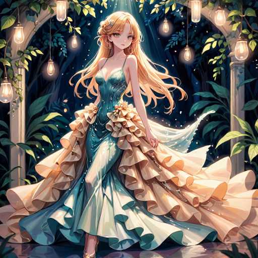 This detailed illustration depicts a young woman with long, flowing blonde hair adorned with a barrette on the left side. She is dressed in a striking blue dress that features a low-cut neckline and thin straps. The dress is accentuated with a voluminous, peach-colored skirt that cascades around her, adding a touch of elegance and drama to her appearance. The woman stands with her left arm extended behind her, holding the back of her dress, while her right arm is positioned in front of her. She gazes directly at the viewer with a serene expression, her green eyes and slightly open mouth contributing to her captivating presence. The background is a dark blue, creating a stark contrast that highlights the figure. Surrounding her are lush green leaves and trees, with a white archway adorned with hanging lanterns framing the scene. The ground beneath her is a reflective, shiny surface, adding a touch of magic to the overall composition.