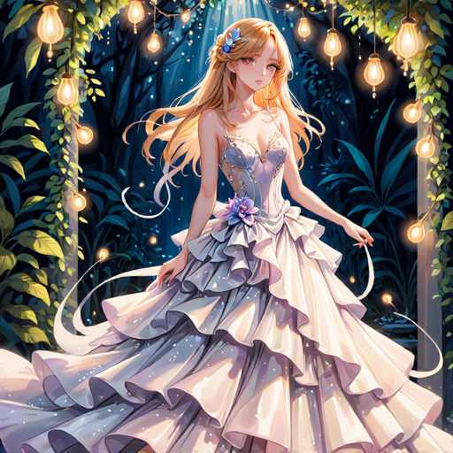 The image depicts a young woman with long, wavy blonde hair adorned with a blue flower on the left side. She is wearing a strapless dress that features a light blue top and a white, ruffled skirt. The dress is embellished with a purple flower at the waist. The woman is standing in a lush, forested area, surrounded by green leaves and plants. Behind her, there is a wooden archway decorated with hanging lanterns and vines. The scene is illuminated by sunlight filtering through the trees, creating a serene and enchanting atmosphere.