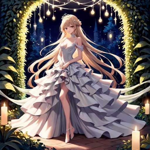 The image depicts a scene from an anime, featuring a young woman with long, flowing blonde hair that cascades down to her waist. She is adorned in a stunning white dress with a sweetheart neckline and a corset-like bodice. The dress is voluminous and ruffled, with layers of fabric that add to its grandeur. She stands on a red brick floor, her legs elegantly crossed, and wears white high-heeled shoes. Her pose is graceful, with her hands gently clasped in front of her.

Her hair is styled with a side part, and a delicate headband or tiara sits atop her head. The background is a dark night sky, dotted with stars, and silhouettes of tall buildings, suggesting a grand cityscape. Surrounding her is a lush archway made of green vines, adorned with hanging lights that add a magical ambiance to the scene. The ground is scattered with lit candles, further enhancing the enchanting atmosphere.