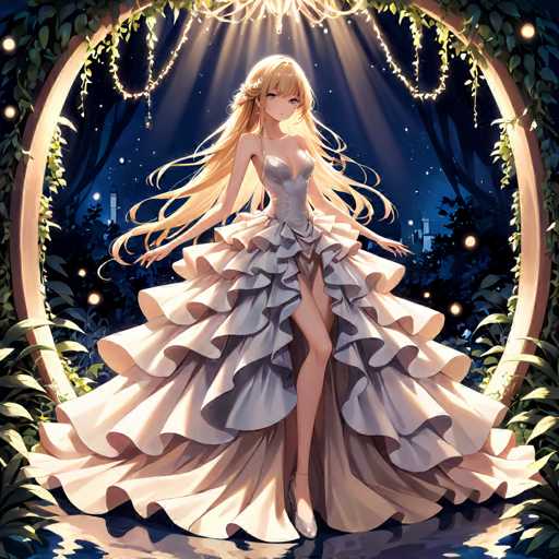 The image depicts a detailed, computer-generated anime-style illustration of a young woman with long blonde hair cascading down to her waist. She is adorned in a strapless, low-cut white dress that flares out dramatically at the bottom, resembling a ball gown. The dress features a ruffled texture and a slit on the side, revealing her left leg. She stands gracefully on a reflective surface, possibly water, with her arms outstretched to her sides. The background showcases a nighttime scene with a dark blue sky dotted with stars, framed by a large, circular archway made of brown wood and adorned with green vines. The archway is illuminated by a chandelier hanging above, casting a warm glow over the scene. In the distance, a cityscape with buildings and a lighthouse can be seen, adding depth to the enchanting, fairy-tale-like atmosphere.