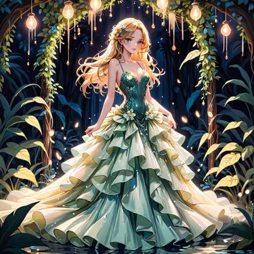 The image depicts a young woman with long, wavy blonde hair adorned with a blue flower. She is wearing a strapless dress that transitions from a dark green at the top to a lighter green at the bottom, embellished with white flowers and ruffles. The dress features a sweetheart neckline and a corset-like bodice. She stands in a lush, magical forest with tall trees, some wrapped in vines and adorned with lanterns that cast a warm glow. The forest floor is covered in green leaves, and the background is filled with a dark blue sky, creating an enchanting atmosphere. The woman appears to be posing gracefully, possibly for a photoshoot, with her hair flowing and her dress spread out around her.