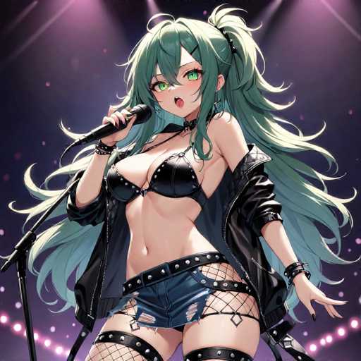 The image features a striking anime-style female character with long, wavy green hair that cascades down to her waist. She is dressed in a black leather bra adorned with silver studs, paired with very short blue denim shorts that are ripped at the bottom. Her outfit is completed with fishnet stockings and a black leather belt with silver studs. She wears a black leather jacket, rolled up to her elbows, and a choker around her neck. Her left hand is extended outward, while her right hand holds a microphone close to her mouth, which is open as if she is singing. She has large green eyes and a white bandage across her forehead. The background is a dark purple hue, illuminated by stage lights that create a dramatic effect, with pink and purple dots scattered around. The character stands confidently in front of a microphone stand, fully immersed in her performance.