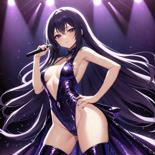 The image features a striking anime-style female character with long, flowing black hair that cascades down to her waist. She is dressed in a form-fitting, purple dress that accentuates her curves, particularly highlighting her large breasts and long legs. The dress is designed with a deep neckline that plunges down to her stomach, adding to the provocative nature of her outfit. She is also wearing thigh-high boots that complement her attire. The character is holding a microphone in her right hand, suggesting she might be a singer or performer. Her left hand rests confidently on her hip. The background is a dark purple hue, illuminated by five spotlights that shine down on her, creating a dramatic and eye-catching effect. The overall composition emphasizes her bold and alluring presence.
