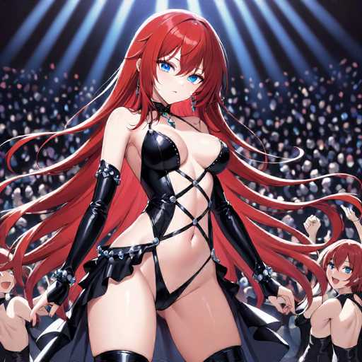 The image depicts a vibrant anime scene featuring a central female character with striking red hair and large, expressive blue eyes. She is dressed in a revealing black leather outfit that accentuates her figure, complete with long gloves that extend to her elbows. The outfit includes a choker around her neck, adding to her bold appearance. Surrounding her are two other female characters, also with red hair, who are dressed similarly in black leather attire. The background is filled with a large, enthusiastic crowd, their faces blurred but their excitement palpable. The scene is illuminated by bright lights shining down from above, enhancing the dynamic and energetic atmosphere of the image.