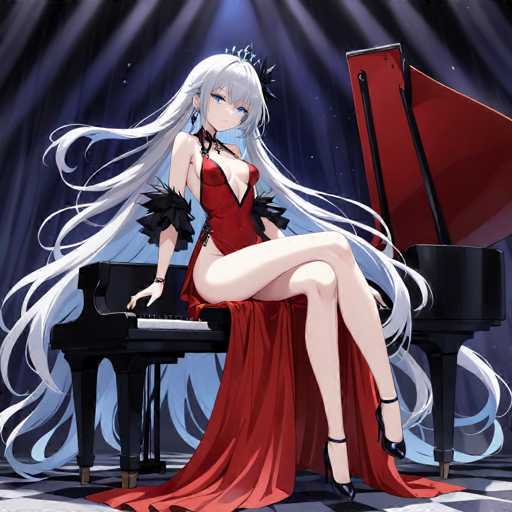 The image depicts a striking anime-style illustration of a woman seated on a grand piano. She has long, flowing white hair that cascades down to the floor, partially obscuring her legs. Her attire is a revealing red dress that exposes her thighs and upper legs, with a deep V-neckline that plunges down to her belly button. The dress features black ruffles around the shoulders and a long, flowing red tail that trails behind her. She is wearing black high heels and a black choker around her neck. Her blue eyes are accentuated by her expression, which appears to be one of contemplation or possibly sadness. The piano she sits on is black, with a red interior that contrasts with the black and white checkered floor beneath her. The background is a dark blue curtain, adding to the dramatic atmosphere of the scene.