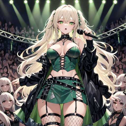 In this captivating image, a striking anime character stands at the center of a large, bustling arena. The arena is filled with a diverse crowd of people, all facing towards the stage, creating an atmosphere of anticipation and excitement. The stage is adorned with dramatic green spotlights that illuminate the scene, casting a vibrant glow over the entire setting.

The central figure is a woman with long, flowing blonde hair styled into two pigtails. She is dressed in a revealing green outfit that accentuates her figure, featuring a corset top and a very short skirt. Her attire is complemented by fishnet stockings and a black leather jacket, adding a touch of edginess to her look. She holds a microphone in her left hand, suggesting she is either about to perform or is in the midst of a captivating performance.

Surrounding her on the stage are five other women, all sharing the same blonde hair color. They are positioned strategically around her, with two on her left and three on her right, creating a visually balanced and symmetrical arrangement. The scene is dynamic and full of energy, capturing a moment of high anticipation and excitement within the anime world.
