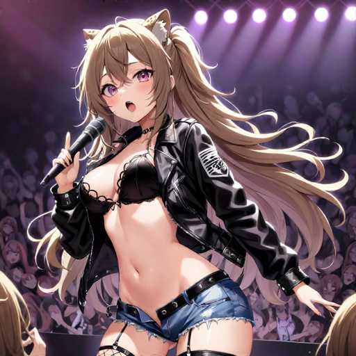 The image depicts a vibrant anime scene featuring a young woman with long, flowing brown hair adorned with cat ears. She is dressed in a striking black leather jacket, paired with a black bra and very short blue denim shorts. Her outfit is accentuated by thigh-high black stockings, and she holds a microphone in her right hand, suggesting she is either singing or about to begin a performance. The background is filled with a sea of cheering fans, their excitement palpable. The scene is illuminated by stage lights, casting a dramatic glow on the central figure. The overall atmosphere is one of high energy and anticipation, capturing a moment of musical performance or presentation.