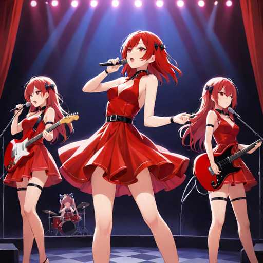 The image depicts three women performing on a stage under bright lights. The woman in the center is wearing a red dress and holding a microphone, while her two companions stand behind her with their instruments - a guitar for one of them and a drum set for another.