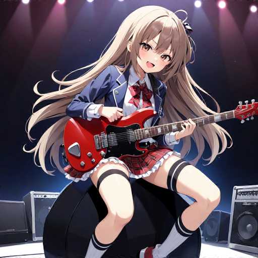 The image features a vibrant, anime-style illustration of a young girl with long, flowing blonde hair adorned with a black bow. She is dressed in a stylish ensemble consisting of a blue jacket, a white shirt with a red bow tie, a red and black plaid skirt, and white knee-high socks with black stripes. Her outfit is complemented by red shoes. The girl is energetically playing a red electric guitar with a black pickguard, her left hand on the fretboard and her right hand strumming the strings. She is perched on a black, round object, possibly a speaker, with her legs spread apart. The background is a dark blue, almost black, with stage lights illuminating her from above, creating a dramatic effect. Surrounding her are several large black speakers, adding to the concert-like atmosphere. The overall scene captures the essence of a lively, animated performance.