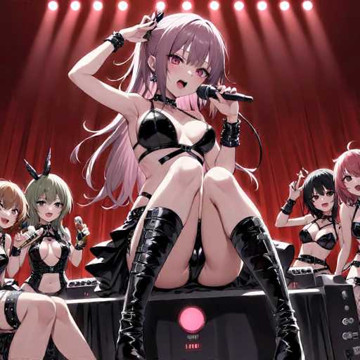 The image depicts a vibrant anime scene featuring a group of five young women on a stage, each dressed in revealing outfits. The central figure, who is the main focus, has long, flowing hair that transitions from a light purple at the top to a pinkish hue at the ends. She is wearing a black leather bra, matching garter, and thigh-high boots, and is seated on a table with a red light in front of her. She holds a microphone in her left hand, while her right hand is raised to her head, as if adjusting her hair. Her striking red eyes and open mouth add to her captivating presence.

To her left, two women are seated on the table. One has green hair and is dressed in a black leather outfit, while the other has brown hair and wears a similar ensemble. On her right, another woman with black hair is seated, and beside her stands a woman with pink hair, both dressed in matching attire. The background features a red curtain, illuminated by stage lights that shine down on the group, enhancing the dramatic and lively atmosphere of the scene.