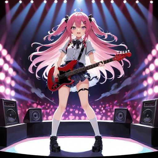 A female anime character is standing on a stage with her guitar and dressed in a white shirt and pink skirt. She has long blonde hair and is smiling at the camera. The background features a large screen with purple lights and speakers arranged around it.