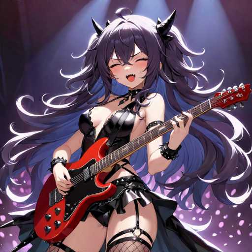 This image features a striking anime-style female character with long, flowing black hair that cascades down to her knees. She is adorned with a pair of black horns protruding from the sides of her head, adding to her dramatic appearance. Her eyes are closed, and her mouth is open, revealing a small red tongue, giving her an intense and expressive look. She is dressed in a revealing black leather outfit that accentuates her figure, paired with a short black leather skirt. Her legs are adorned with fishnet stockings, and she wears black garter belts that add to her edgy ensemble. She is holding a red electric guitar, with her left hand positioned on the neck and her right hand strumming the strings. The background is a vibrant purple, illuminated by spotlights that create a dynamic and energetic atmosphere.