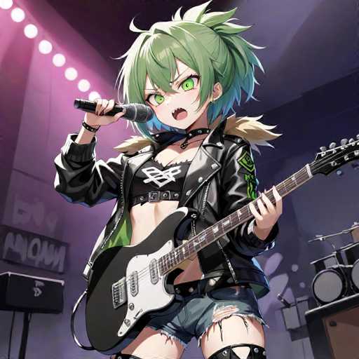 The image features an anime-style character with striking green hair and matching green eyes. She is dressed in a black leather jacket adorned with a green patch on the left sleeve, paired with very short, ripped blue jean shorts. Around her neck, she wears a black leather choker, and her midriff is exposed. Her outfit is completed with a black crop top that has a white logo on the front. She holds a black microphone in her right hand and a black electric guitar with a white pickguard in her left hand. The background is a vibrant purple, illuminated by stage lights, suggesting she is performing on stage. To her left, a keyboard is visible, while to her right, a drum set and an amplifier can be seen.