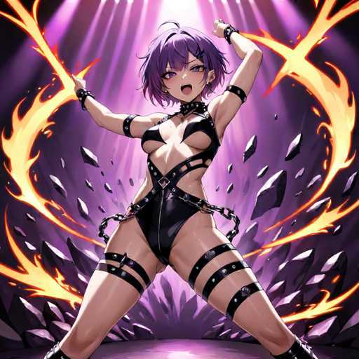 This detailed illustration features a dynamic anime-style female character with short, chin-length purple hair. She is depicted in a powerful stance, with her legs spread apart and her arms raised above her head, each hand gripping a vivid flame. The character is dressed in a revealing black bikini adorned with multiple straps that crisscross her body, extending from her shoulders to her thighs. A spiked collar encircles her neck, adding to her fierce appearance. The background is a striking blend of purple hues, with a radiant light shining down from above, illuminating the scene. Surrounding her are jagged rocks, seemingly caught in mid-air, enhancing the sense of action and movement. The character's mouth is open, and her eyes are wide, conveying a sense of intense focus or determination.