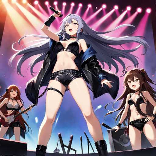 The image depicts a vibrant anime scene set on a stage, featuring three young women who appear to be performers. The central figure, who is the most prominent, has long gray hair and is dressed in a striking black outfit. She wears a black bra, black panties, a black belt, and a black jacket, complemented by black boots. Her ensemble is accentuated by a black garter belt on her right leg. She holds a microphone in her right hand, suggesting she is singing or speaking, while her left hand is extended outward. Her mouth is open, adding to the dynamic feel of the scene.

To her left stands another woman with long brown hair, dressed in a black bikini and black boots. She is positioned in front of a large speaker, indicating her role as a singer or performer as well. On the far left, a third woman with long brown hair is playing a red guitar, contributing to the musical atmosphere of the scene.

The stage is illuminated by pink and yellow lights, creating a lively and energetic ambiance. The background features a gradient of blue and purple hues, enhancing the overall visual appeal of the image.